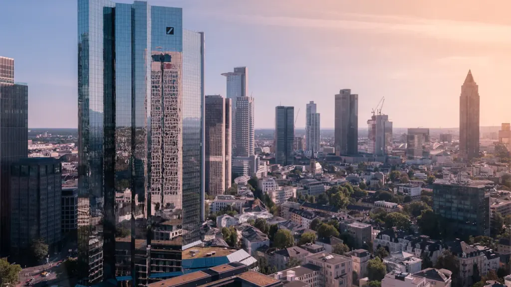 Die Skyline von Frankfurt am Main mit dem Opernturm und dem Deutsche Bank Turm.