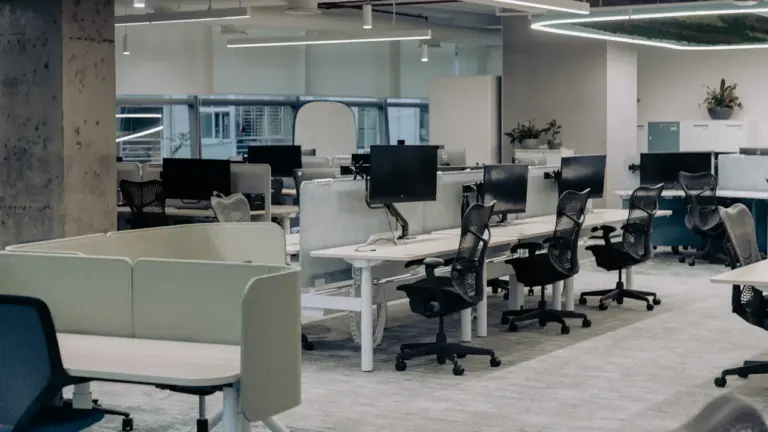 Modernes, aufgeräumtes Großraumbüro mit ergonomischen Arbeitsplätzen für eine ruhige und fokussierte Arbeitsatmosphäre.