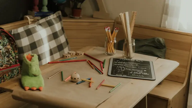 Ein Schreibtisch mit Schulutensilien wie Stiften, Heften und einem kleinen Kreidetafel-Schild.