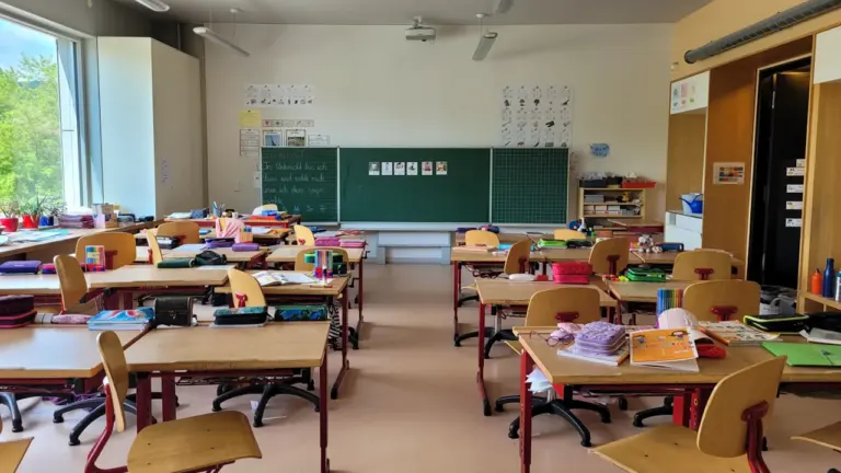 Ein leeres Klassenzimmer mit vielen Schultischen und Stühlen vor dem Schulstart.