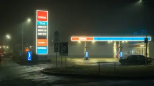 Beleuchtete Tankstelle in der Nacht bei nebligem Wetter mit gut sichtbaren Preistafeln.