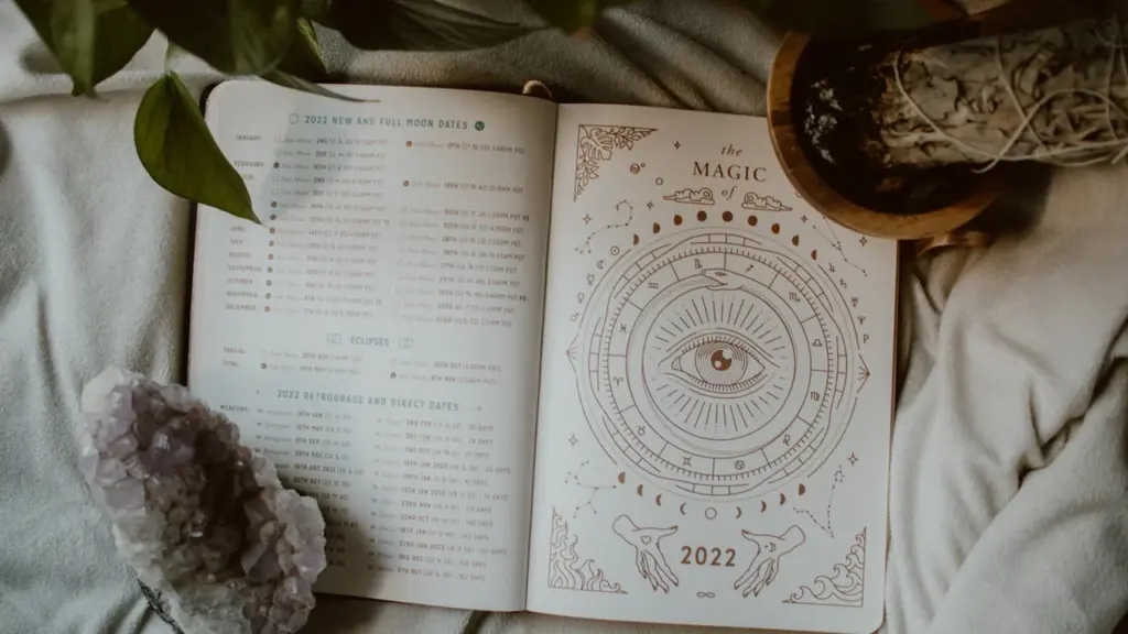 Ein offenes Buch mit astrologischen Symbolen liegt gemütlich auf einer weichen Decke.