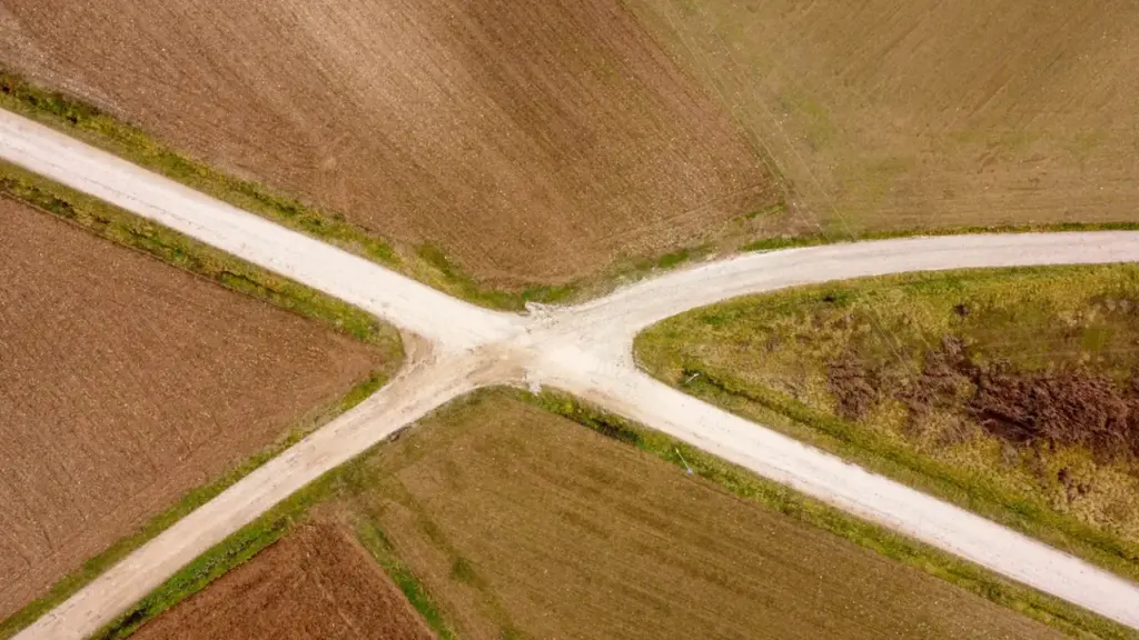 Luftaufnahme einer Weggabelung inmitten landwirtschaftlicher Felder bei Tageslicht.