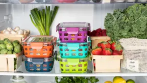 Kühlschrankregal gefüllt mit bunt sortierten, frischen Lebensmitteln in Glasbehältern und Holzkörben.